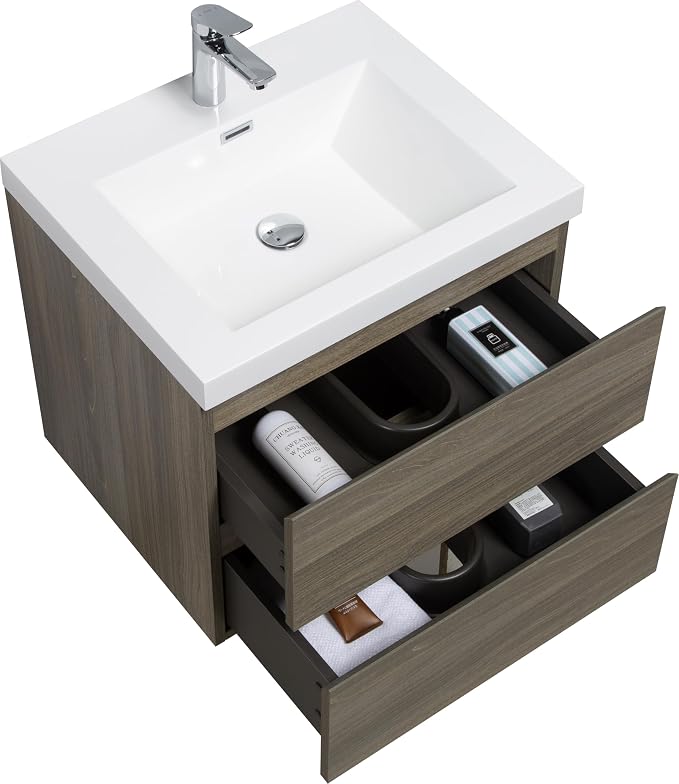 24 Inch Floating Bathroom Vanity with Sink, Large Storage Wall Mounted Floating Vanity with Soft Close Drawers, One-Piece Basin Bathroom Sink Cabinet (Ash Grey, 24 Inch)