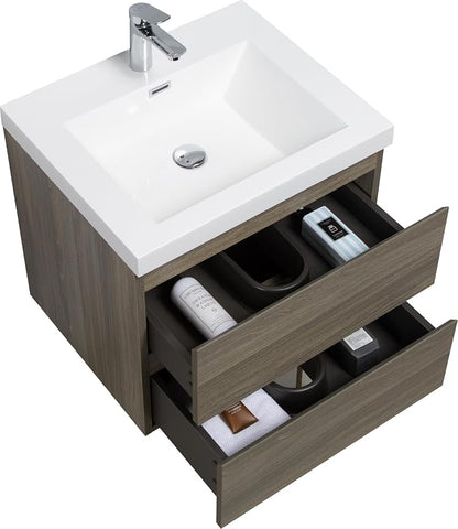 24 Inch Floating Bathroom Vanity with Sink, Large Storage Wall Mounted Floating Vanity with Soft Close Drawers, One-Piece Basin Bathroom Sink Cabinet (Ash Grey, 24 Inch)