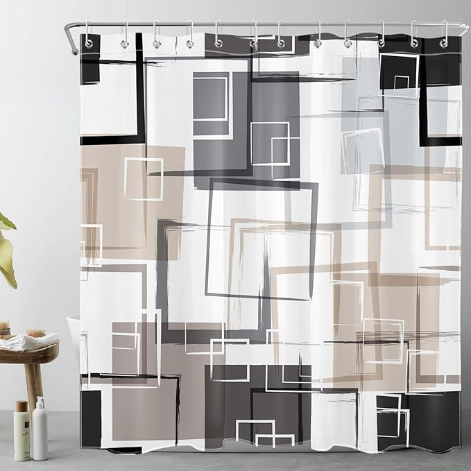 Black and Tan Geometric Shower Curtain with Hooks, Grey and White Abstract Striped on White Fabric Shower Curtain for Bathroom Decor Modern Minimalist Shower Curtain Set,72L X 72W inches