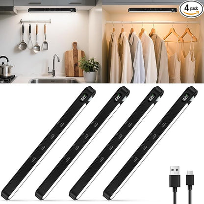 WILLED Under Cabinet & Closet Lights, Motion Sensor, Rechargeable, Magnetic, 3 Color Temps, Dimmable LED Light Bar for Indoor Kitchen Counter (4 Pack, Black)