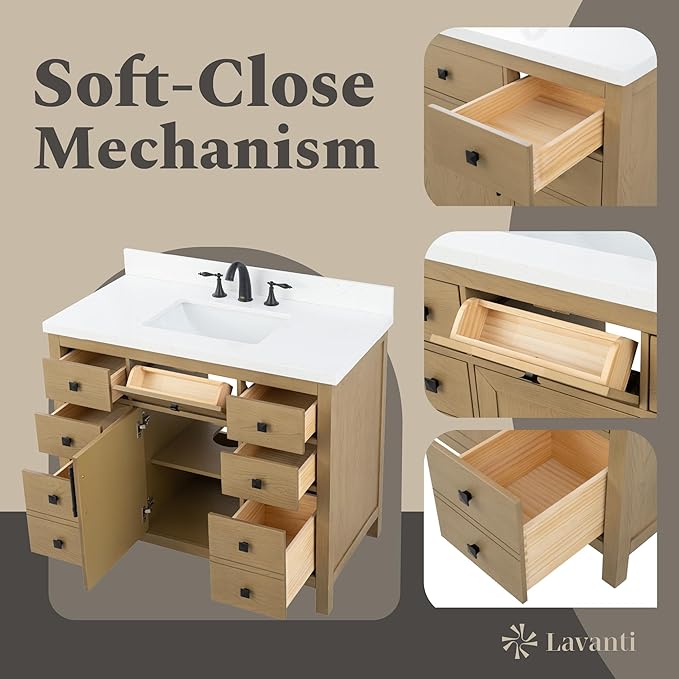 Lavanti Oakford 42 Inch Bathroom Vanity with Sink – Stylish Firwood Oak Vanity Bathroom with Storage Cabinet – Modern Bathroom Vanities with Single Vanity Sink & Quartz Countertop