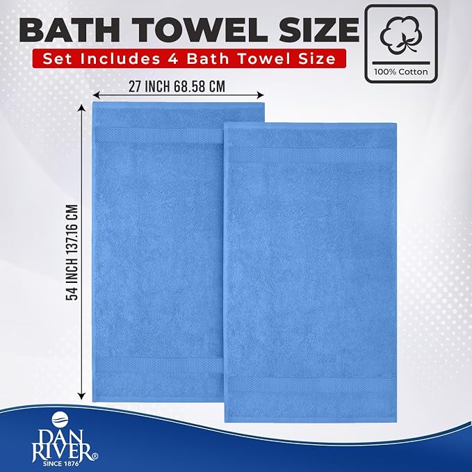 DAN RIVER 600 GSM Cotton Large Bath Towels Set of 4, 27 x 54 Inches, M-Blue | Larger & Lighter Weight Towels for Bathroom - Highly Absorbent & Quick Dry 100% Cotton Bath Towel Set for Home, Spa & Hotel