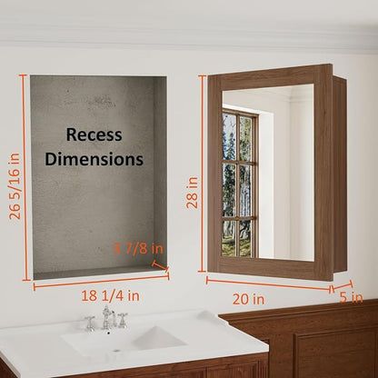 Buruis 20 x 28 Inch Bathroom Wood Medicine Cabinet Mirror, Walnut Finish | Fully Assembled Design, Adjustable Glass Shelves, Soft-Close Hinges, Bathroom Storage Organizer, Left/Right Opening