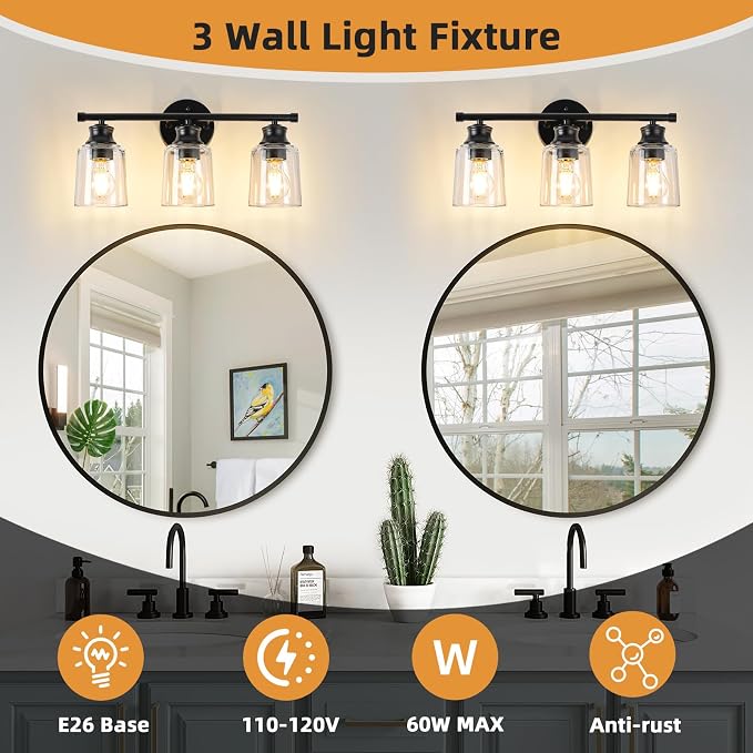 Bathroom Light Fixtures Over Mirror, 3 Lights Vanity Lights with Clear Glass Shade, 18.1" Matte Black Farmhouse Bathroom Wall Light Fixtures for Bedroom, Porch, Hotel, Mirror Cabinet