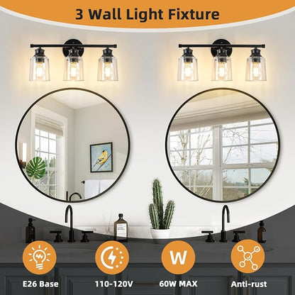 Bathroom Light Fixtures Over Mirror, 3 Lights Vanity Lights with Clear Glass Shade, 18.1" Matte Black Farmhouse Bathroom Wall Light Fixtures for Bedroom, Porch, Hotel, Mirror Cabinet