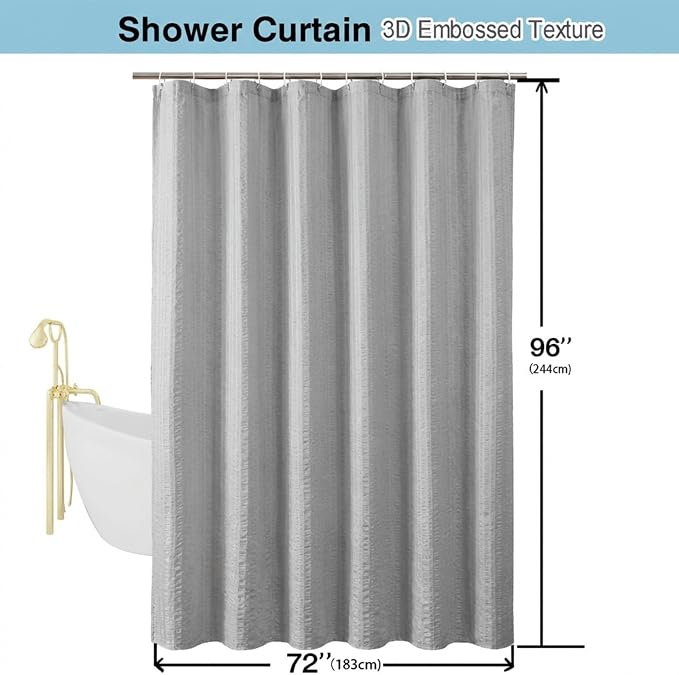 Aiyufeng Moga Extra Long Light Gray Shower Curtain 96 Inch Long, Embossed Texture Fabric Bathroom Shower Curtain, Large Hotel Bath Curtain with 12 Holes, 72Wx96H, Pale Gray