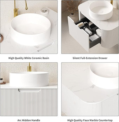 Yayzy 24" Floating Bathroom Vanity with Sink, Solid Wood Fluted Cabinet, White Round Ceramic Basin & Faux Marble Top, Soft-Close Drawer, Pre-Assembled, White