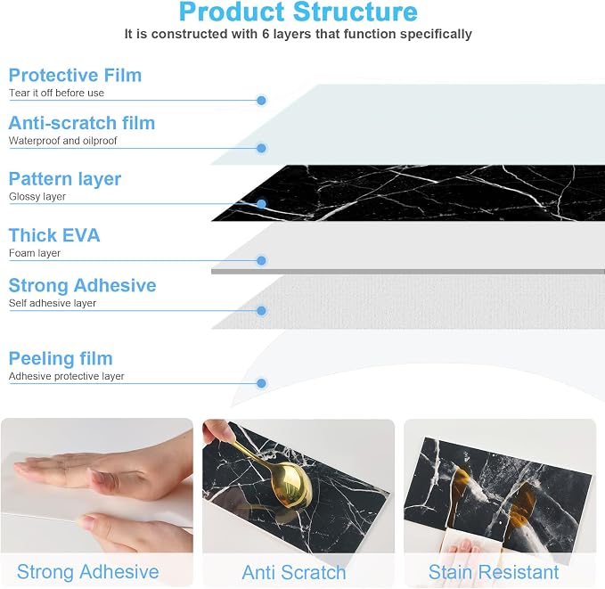 URCOLOR 64-Piece Peel and Stick Backsplash Wall Tile, 4"x 8" PVC Glossy Black Marble Stick on Subway Tiles for Kitchen, Bathroom, Laundry Room, Camper, Fireplace