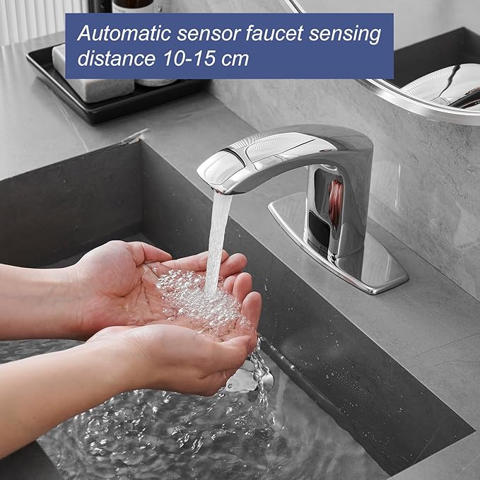 Touchless Bathroom Sink Faucet Hands-Free, Commercial Auto Motion Sensor Faucet, AC/DC Powered, Temperature Adjustment Valve, Polishe Chrome