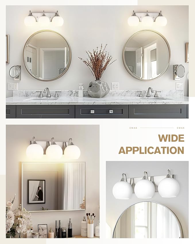 Emak 3-Light Bathroom Vanity Light, Modern Brushed Nickel Bathroom Light Fixtures Over Mirror with Milk Glass Shade, Globe Vanity Lights for Mirror, Bath, VL118-BN-ML-3