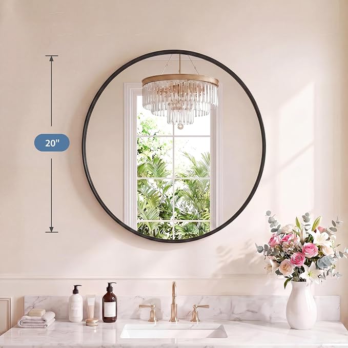 DUMOS Round Wall Mirror 20 Inch, Bathroom Wall Circle Mirror | Bathroom Decor for Entryway, Living Room, Vanity, Metal Frame, Tempered Glass, Anti-Rust, Hanging or Leaning, Black