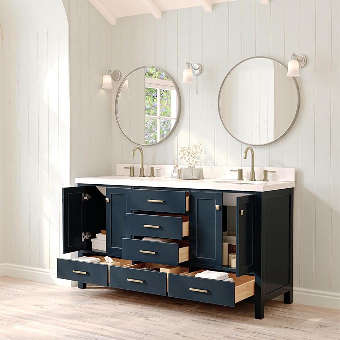 ARIEL Cambridge 66-inch Bathroom Vanity with Sink,Solid Wood, 1.5-inch Pure White Quartz Countertop & Backsplash, Double Oval Porcelain Sink, 4 Soft Closing Doors, 6 Dovetail Drawers, Midnight Blue
