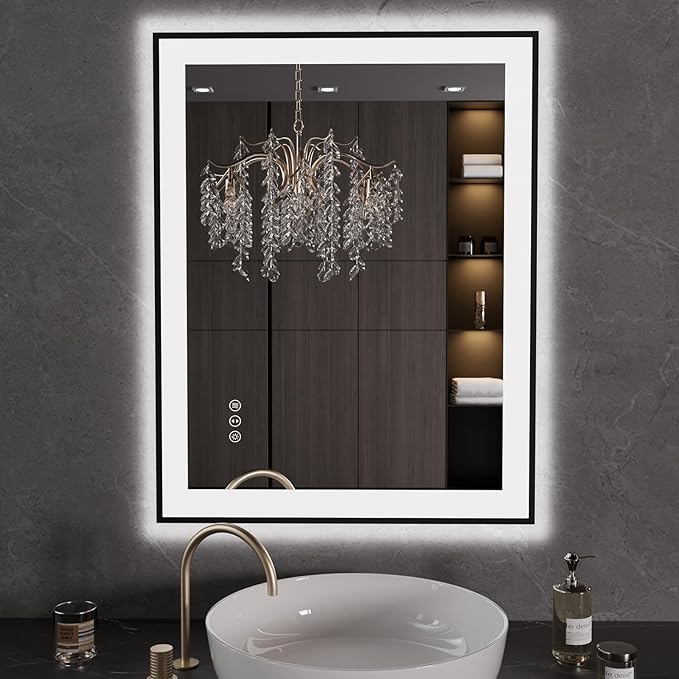 LOAAO 28"X36" LED Bathroom Mirror Black Framed | Anti-Fog, Dimmable, Memory Function, Tempered Glass, Lighted Vanity Mirror for Wall