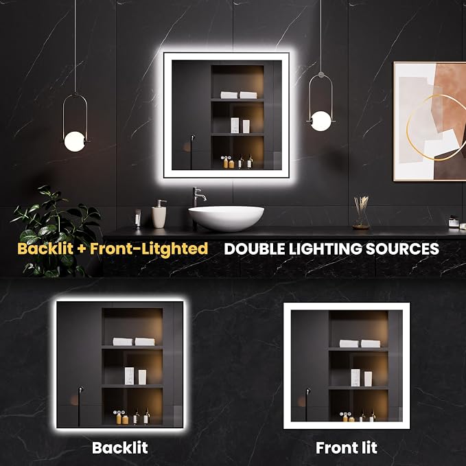 LOAAO 32"X32" LED Bathroom Mirror Black Framed | Anti-Fog, Dimmable, Memory Function, Tempered Glass, Lighted Vanity Mirror for Wall