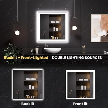 LOAAO 32"X32" LED Bathroom Mirror Black Framed | Anti-Fog, Dimmable, Memory Function, Tempered Glass, Lighted Vanity Mirror for Wall