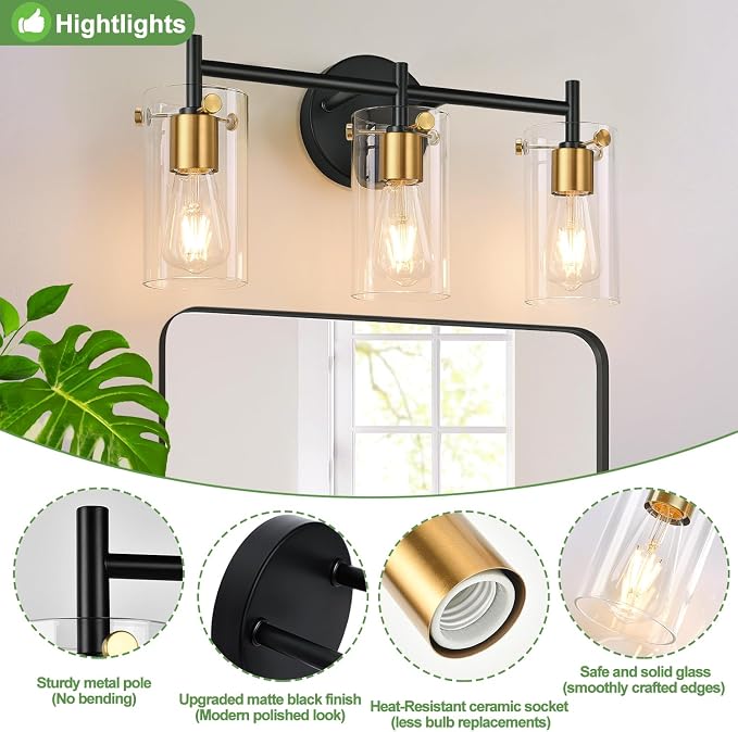Indoi Bathroom Light Fixtures, 3-Light Black and Gold Vanity Light, Black Bathroom Lights Over Mirror with Clear Glass Shade for Mirror Bedroom Living Room