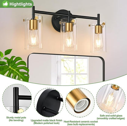 Indoi Bathroom Light Fixtures, 3-Light Black and Gold Vanity Light, Black Bathroom Lights Over Mirror with Clear Glass Shade for Mirror Bedroom Living Room