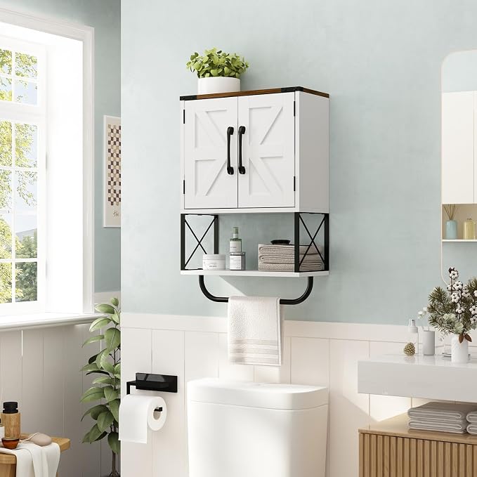 RUSTOWN Farmhouse Medicine Cabinet with 2 Barn Door, Bathroom Wall Cabinet | Dark Brown Top, Adjustable Shelf, Towel Bar, 3-Tier Rustic Wood Wall Mounted Cabinet for Bathroom, Living Room, Kitchen