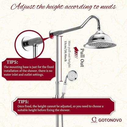 gotonovo Vintage Exposed Shower Faucet Set with Tub Spout,Polish Chrome | Bathtub 8” Shower Head with Handheld System Fixtures Combo Kit,360°Rotation,Fast Filler,Extra Extension Tube,for 5-6.7" Hole