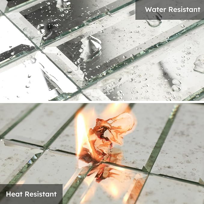 Peel and Stick Mirror Backsplash, Light Antique, 1.8 x 11.8 Inch, Beveled Mirror Three Strips Tiles for Kitchen Bathroom Accent Wall, Pack of 5 Sheets