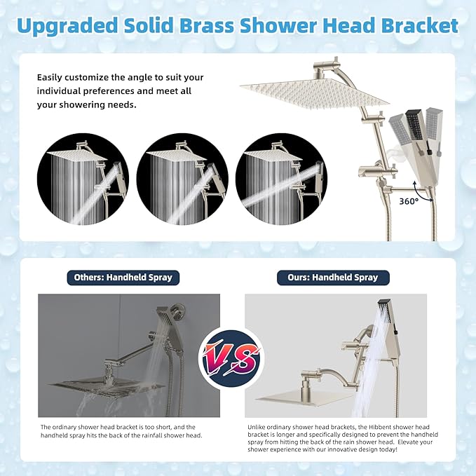 Hibbent All Metal CUPC Certified 12'' Rainfall Shower Head, Dual Shower Head Combo, High Pressure Handheld 4 Sprays Shower Wand, 16'' Adjustable Extension Arm, 71'' Hose, Shower Holder, Brushed Nickel