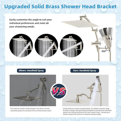 Hibbent All Metal CUPC Certified 12'' Rainfall Shower Head, Dual Shower Head Combo, High Pressure Handheld 4 Sprays Shower Wand, 16'' Adjustable Extension Arm, 71'' Hose, Shower Holder, Brushed Nickel