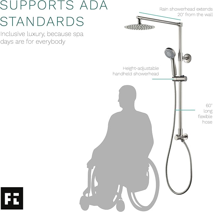 Fennocasa Polaris 3 Retrofit Rain Shower System, 3-Setting Handheld Shower Combo with Slide Bar, 8" Low Profile Shower Head (2.5 GPM Brushed Nickel)