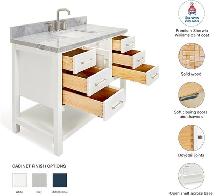 Olivia 48-Inch White Bathroom Vanity with Sink, 1.5" Edge Italian Carrara Marble Countertop & Backsplash, Rectangular Undermount Sink, 2 Soft Closing Doors, 6 Dovetail Drawers, Brushed Nickel