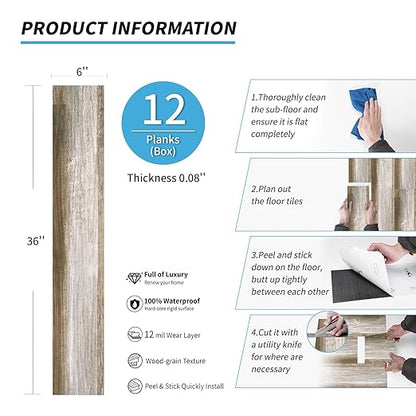 Art3d Peel and Stick Floor Tile Vinyl Wood Plank 12-Pack 18 Sq.Ft, Old Wood, Rigid Surface Hard Core Easy DIY Self-Adhesive Flooring
