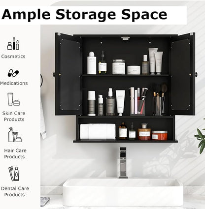 Tangkula Bathroom Medicine Cabinet with Mirror, Wall Mounted Wooden Hanging Organizer with Doors and Shelves, Bathroom Wall Mirror Cabinet (Mirror Doors, Black)