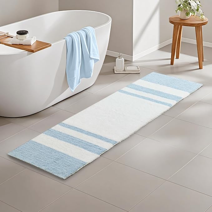 Madison Park Reversible Spa Rug 100%-Cotton Striped Ultra Soft Water Fast Bath Non-Slip Absorbent Quick Dry Mats for Tub, Shower Room, and Bathroom, 24"x72", Blue (MP72-6212) | Quick Dry, Ultra Soft, Pile, Machine Washable, Plush, OEKO-TEX Certified