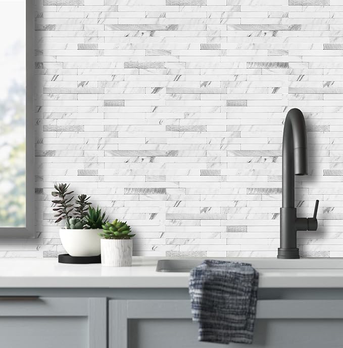 AULIGET 40 Sheets Faux Stone Peel and Stick Backsplash, White Marble Look PVC Wall Tiles Stick on Backsplash for Kitchen