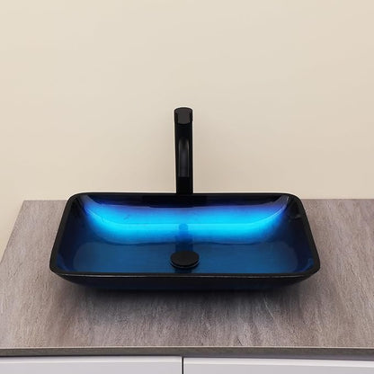 Logmey 22" Glass Bathroom Vessel Sink Vanity Countertop Rectangular Bowl with Black Pop up Drain Set,Glass Art Basin,Blue
