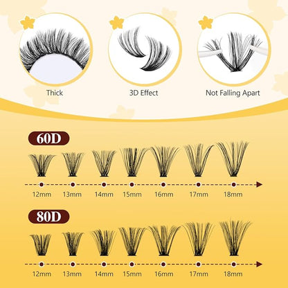QUEWEL Lash Clusters Kit, 320Pcs 60D+80D Lash Cluster Eyelash Extensions | Mix 12-18mm 3D Eyelash Clusters with Lash Bond and Seal and Lash Tweezer Easily Create 3D Lashes Clusters at Home(60+80D Kit)