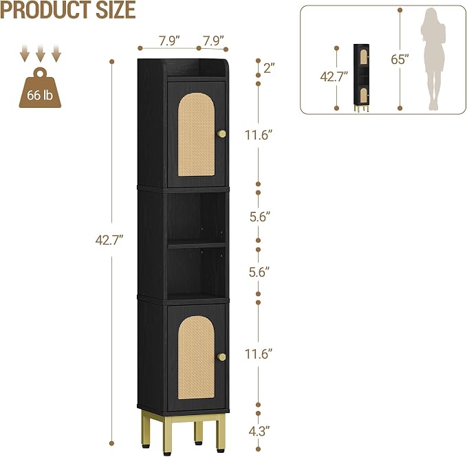 Hzuaneri Slim Bathroom Storage Cabinet, Narrow Bathroom Organizers,2 Doors | Narrow Bathroom Storage with 4 Adjustable Feet, Laundry Room Organization for Small Space,Kitchen,Rattan Black BC22404Y