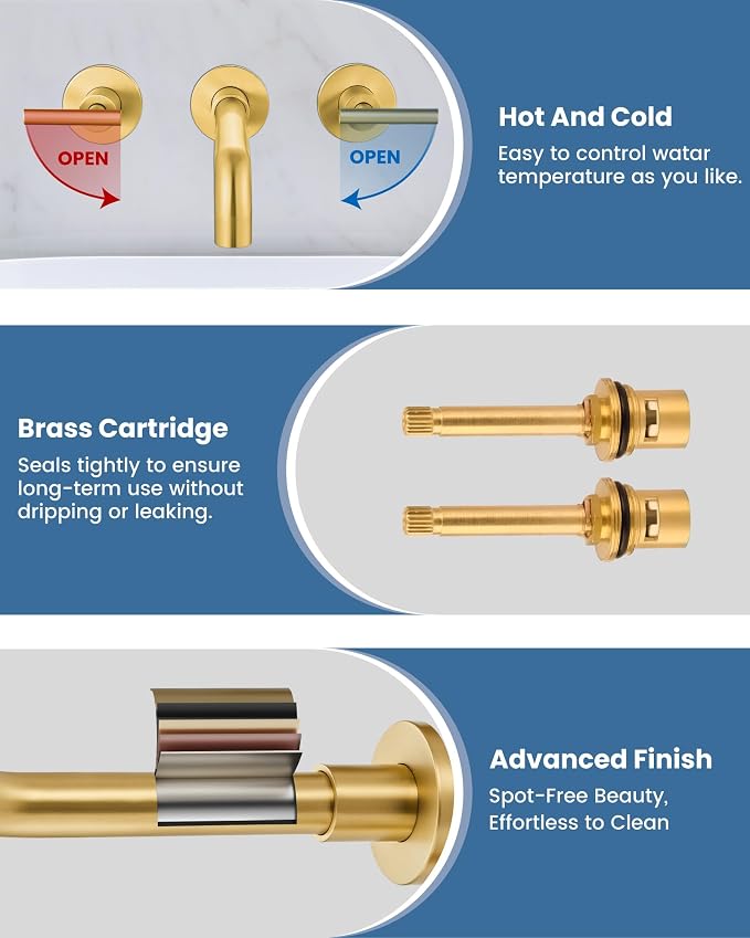 Airuida Wall Mounted Bathroom Sink Faucet,Brushed Gold Vanity Sink Faucet | Lever Handle,3 Holes,360° Widespread Swivel Spout,Rotatable Bathroom Faucet