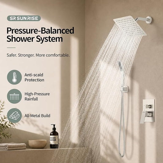 SR SUN RISE Shower Faucet Set - Shower Valve with 8 Inch Rainfall Shower Head and Handheld Shower - Wall Mounted Shower System with Rough In Valve and Shower Faucet Trim Repair Kits - Brushed Nickel