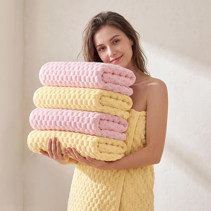 REDKISS Microfiber Bath Towels Set of 4-27x55 Inch Large Waffle Bath Towels for Body, Highly Absorbent, Super Soft, Lint Free Fluffy Shower Towel for Bathroom,Gym, Lightweight Towel Set Pink,Yellow