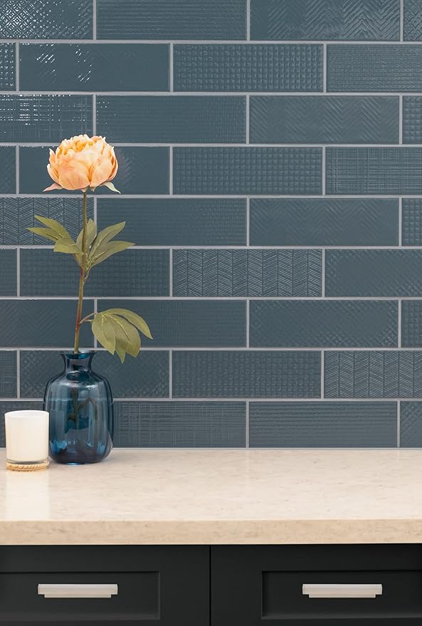 M S International Urbano Navy Glossy Mix Ceramic Subway Wall Tile for Bathroom, Kitchen Backsplash, Accent, and Shower - Sample
