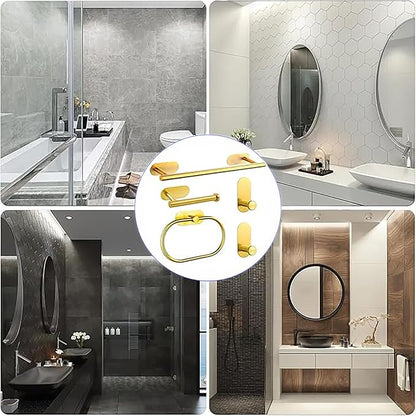 Bathroom Hardware Set, 16" Bathroom Towel Holder with Toilet Paper Holder, Towel Ring, Towel Hook, Bathroom Accessories for Kitchens, Laundry Rooms (10, Gold)