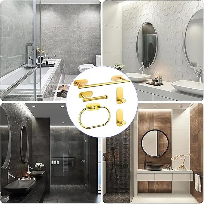 Bathroom Hardware Set, 16" Bathroom Towel Holder with Toilet Paper Holder, Towel Ring, Towel Hook, Bathroom Accessories for Kitchens, Laundry Rooms (5, Gold)