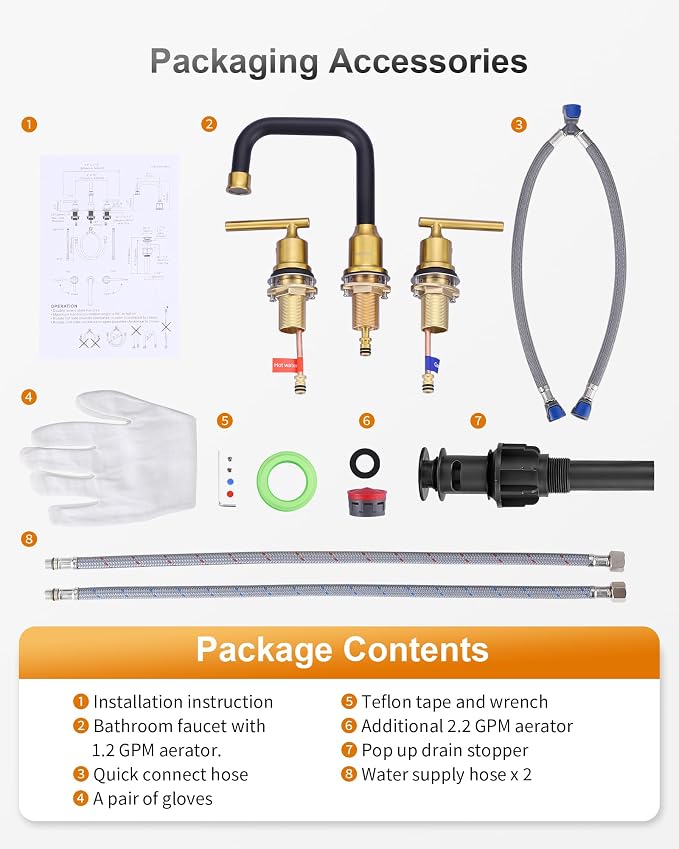 WOWOW Black Gold Bathroom Faucet 3 Hole, Widespread Vanity Sink Faucets | Copper Inlet 8 Inich Faucet for Bathroom Sink with Swivel Spout, 2 Handles Lavatory Tap with Drain and cUPC Supply Line
