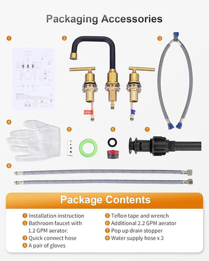 WOWOW Black Gold Bathroom Faucet 3 Hole, Widespread Vanity Sink Faucets | Copper Inlet 8 Inich Faucet for Bathroom Sink with Swivel Spout, 2 Handles Lavatory Tap with Drain and cUPC Supply Line