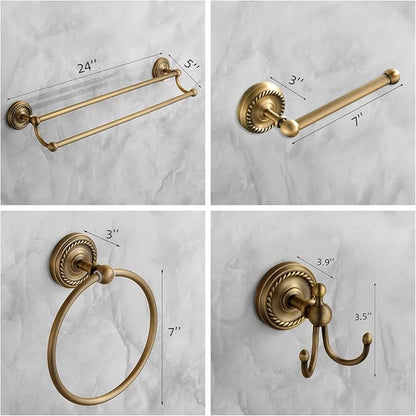 4 Piece Antique Brass Gold Bathroom Accessories Set - 24” Towel Holder, Antique Bar Brass Bath Accessories - Wall Mounted Bathroom Hardware Accessory Set