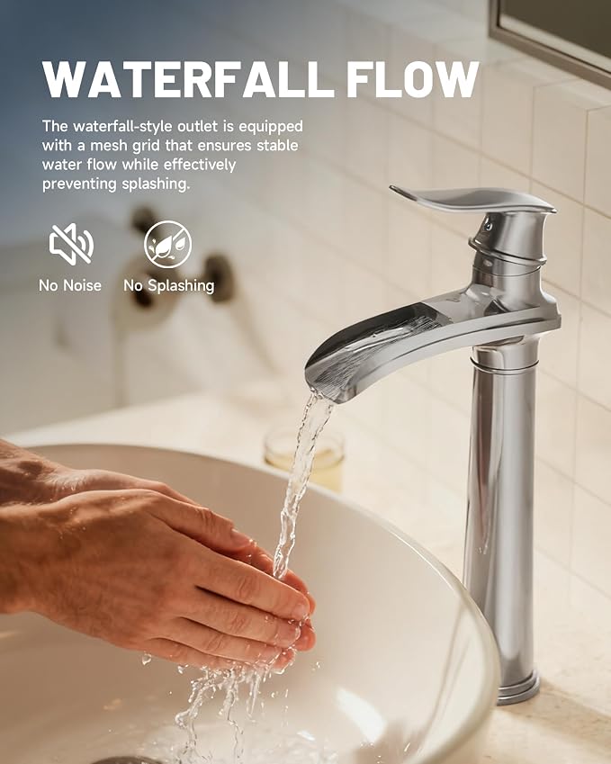 Brushed Nickel Vessel Sink Faucet Brass 12 Inch Waterfall Bathroom Faucet | with Pop Up Drain Assembly and Supply Hoses, Single Handle Tall Bathroom Faucets Lavatory Vanity Mixer Tap by BATHLAVISH