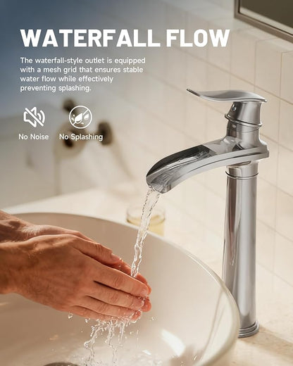 Brushed Nickel Vessel Sink Faucet Brass 12 Inch Waterfall Bathroom Faucet | with Pop Up Drain Assembly and Supply Hoses, Single Handle Tall Bathroom Faucets Lavatory Vanity Mixer Tap by BATHLAVISH