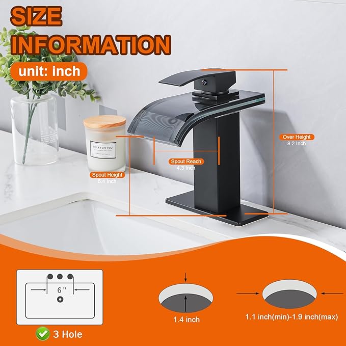 LED Bathroom Sink Faucet, Matte Black Waterfall Single Handle Vanity Faucets for Sinks 1 Hole Wide Glass Spout with Pop Up Drain with Overflow