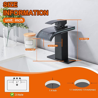 LED Bathroom Sink Faucet, Matte Black Waterfall Single Handle Vanity Faucets for Sinks 1 Hole Wide Glass Spout with Pop Up Drain with Overflow