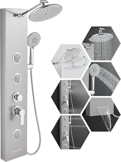 Shower Panel Tower System with Adjustable Shower Head, Self-Cleaning Shower Tower with 2-Setting Powerful Body Jets and 5-Function Handheld Shower, Shower Column Brushed Stainless Steel