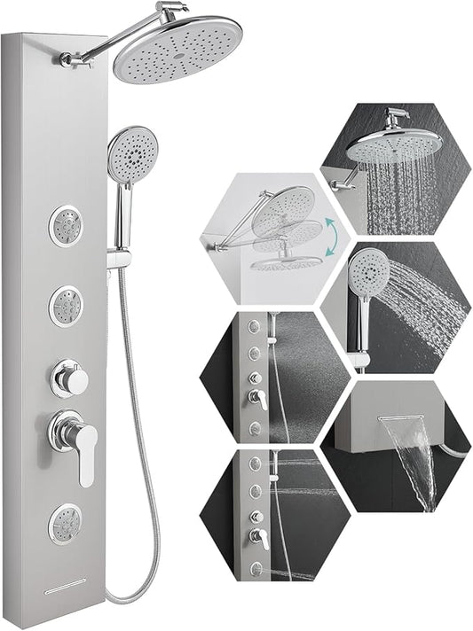 Shower Panel Tower System with Adjustable Shower Head, Self-Cleaning Shower Tower with 2-Setting Powerful Body Jets and 5-Function Handheld Shower, Shower Column Brushed Stainless Steel